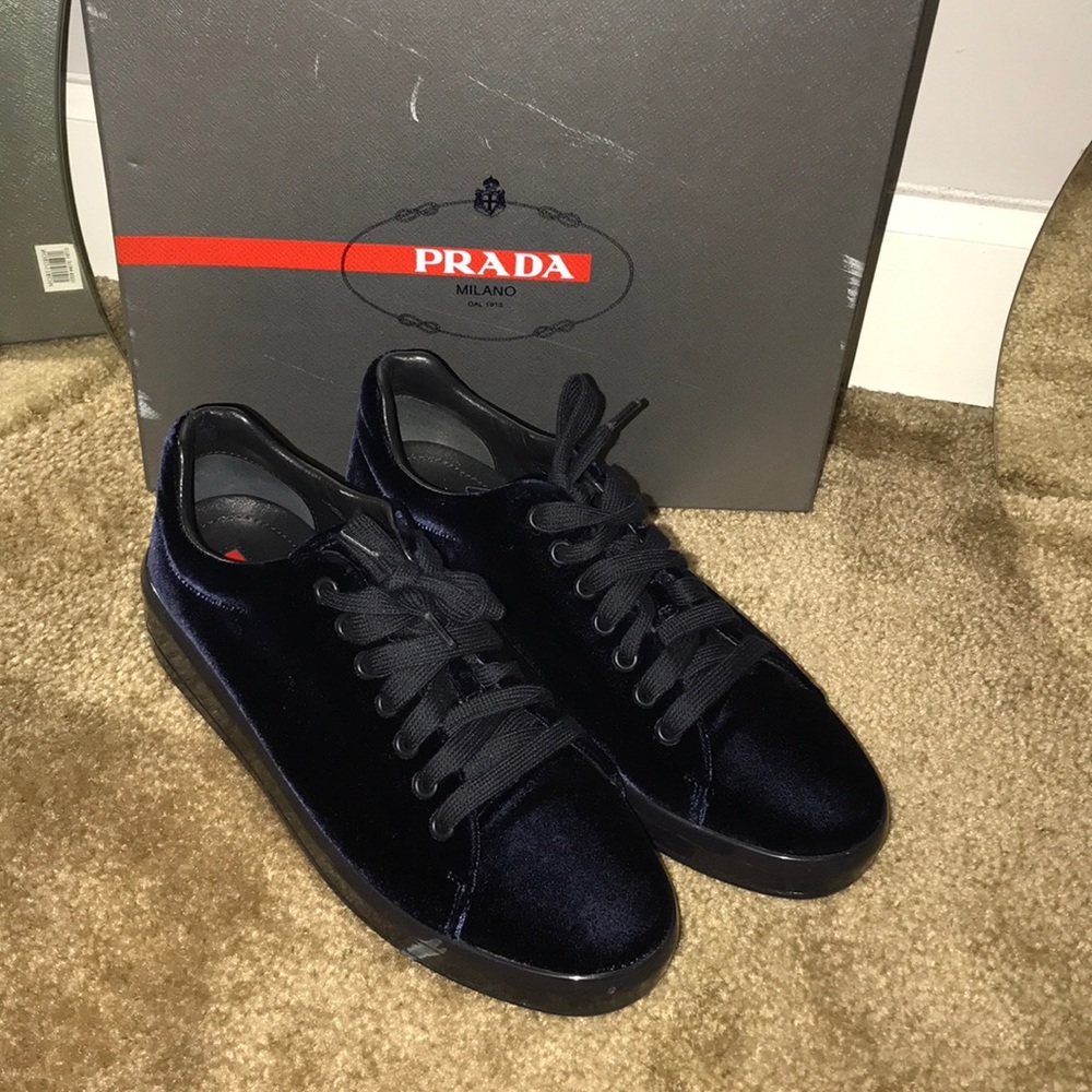 Blue velvet Prada shoes